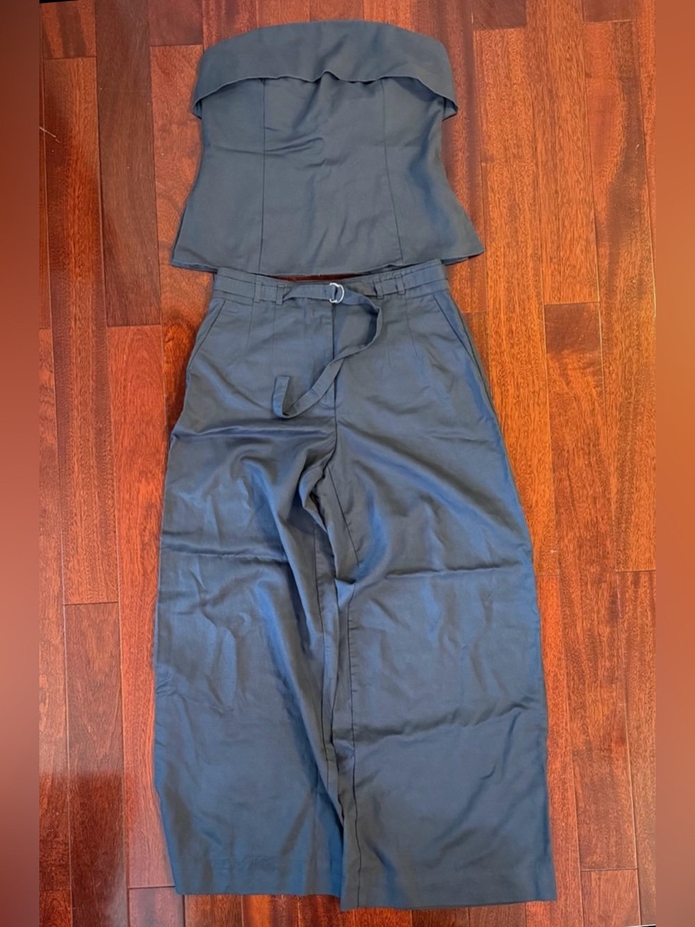NWT LOFT Versa Pure Spun 2PC Set Strapless Top Wide Leg Pants Navy 6